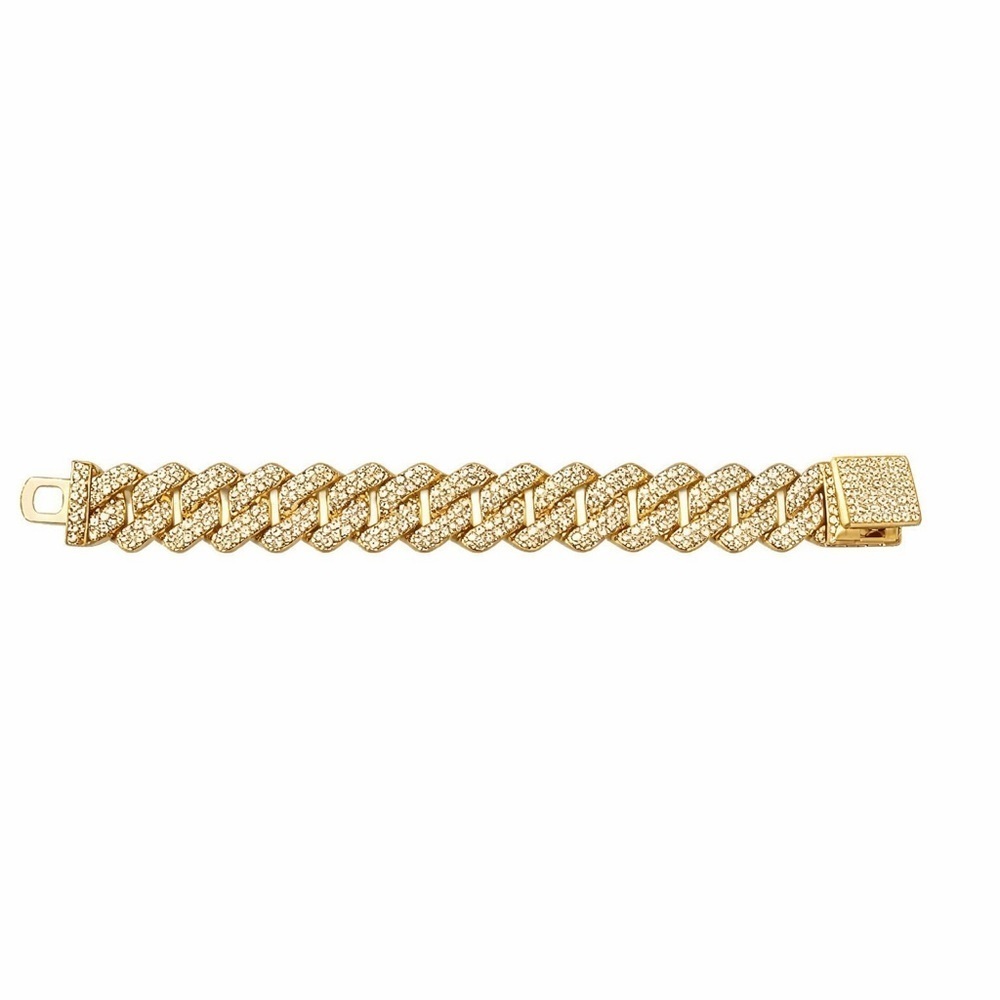 Gold Cuban Link Bracelet with Pave Crystals 14mm • 7.5” - Picture 4 of 7